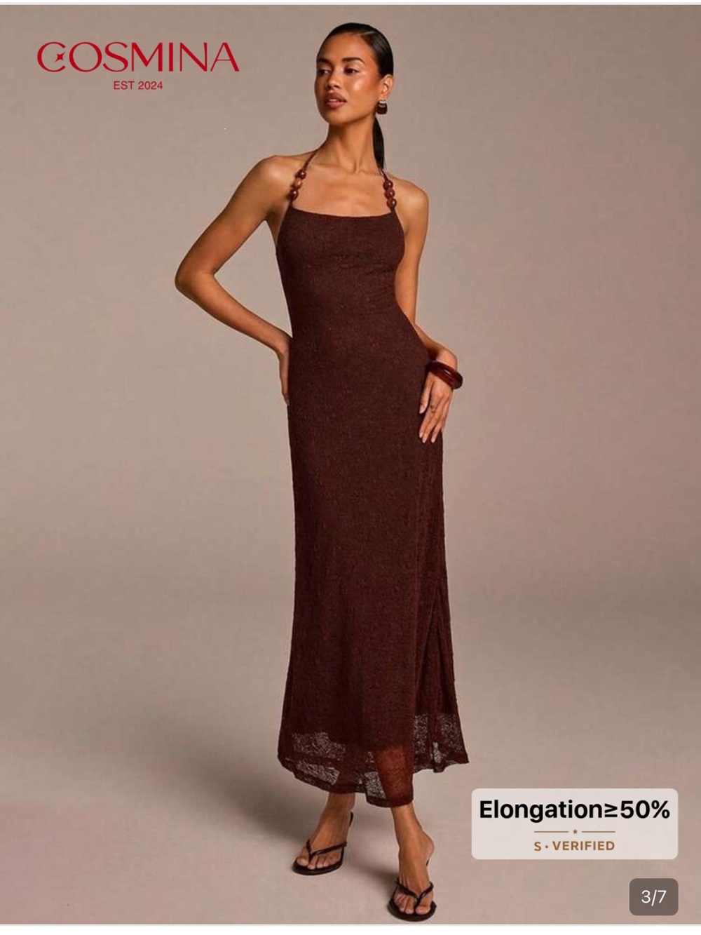 COSMINA Brown Halter Beaded Strap Maxi Dress